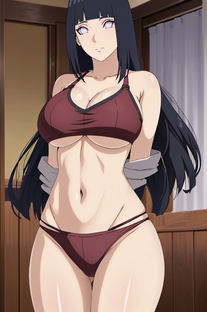 masterpiece, absurdres , (intricate details), (colorful),cinematic lighting,extremely detailed CG unity 8k wallpaper ,hinata\(boruto\), 1girl,solo, large breasts, (hinata, hyuuga hinata, purple eyes, blunt bangs, black hair) big breasts, perfect breasts, large breasts, round breasts, sexy body, slim waist, nice hips, skinny, nice thighs, black bra, cleavage, bare shoulders, collarbone, tight bra, underboob, slim waist, red bikini, bikini, hands behind head, background, photoshoot, body shot, white backdrop, perfect eyes, glowing eyes, beautiful eyes