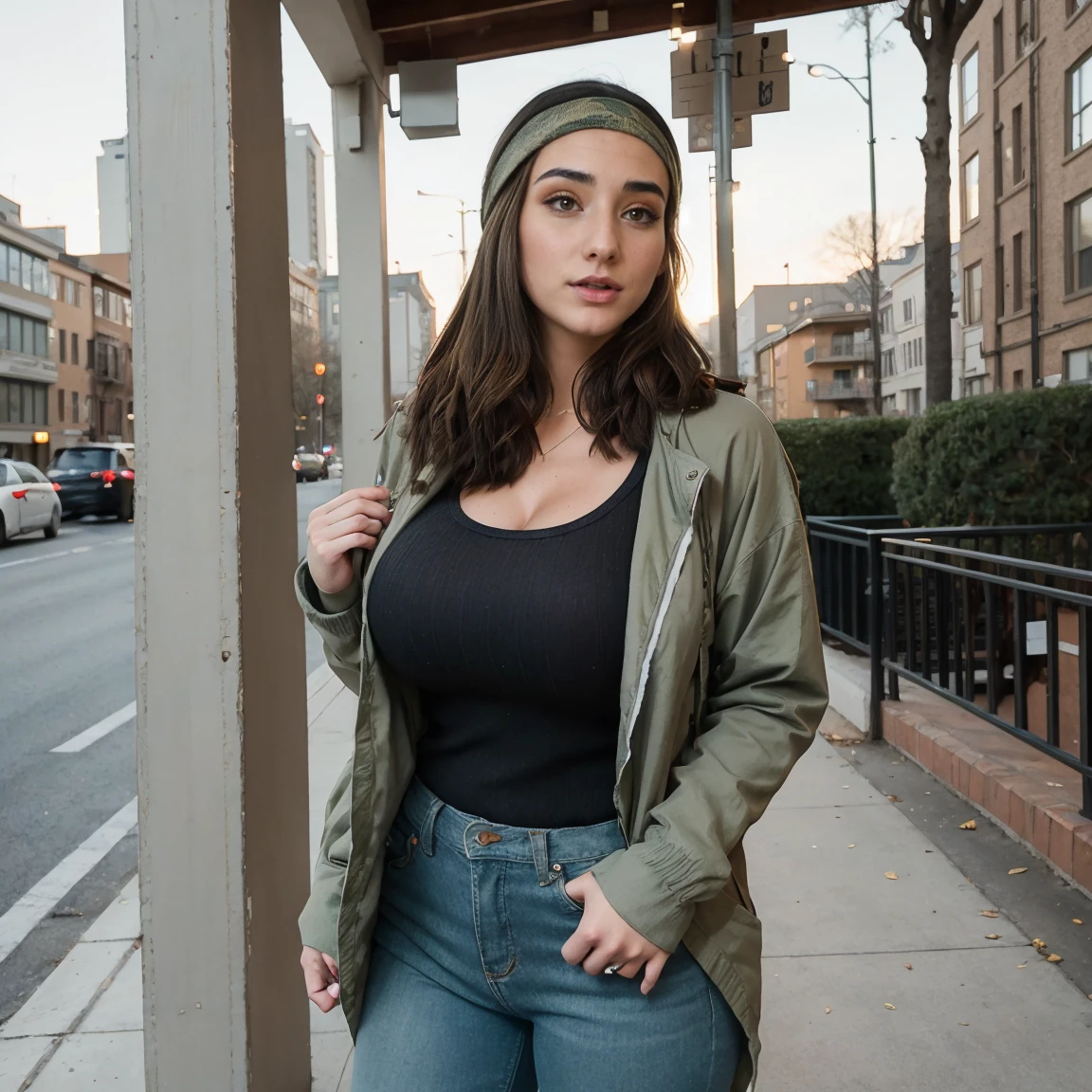 Extremely busty thin and toned brunette photographer, college girl, fair skin, loose side sweep, soft face, athletic, bandana babushka headwrap, tight olive green casual windbreaker, skinny jeans. standing in front of her apartment building, outdoors, city, camera bag, cleavage 