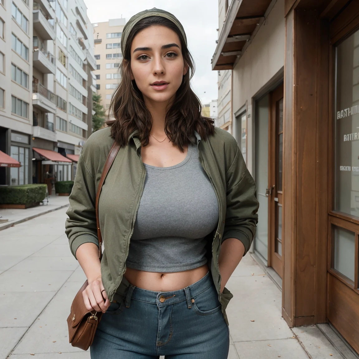 Extremely busty thin and toned brunette photographer, college girl, fair skin, loose side sweep, soft face, athletic, bandana babushka headwrap, tight olive green casual windbreaker, skinny jeans. standing in front of her apartment building, outdoors, city, camera bag, cleavage 