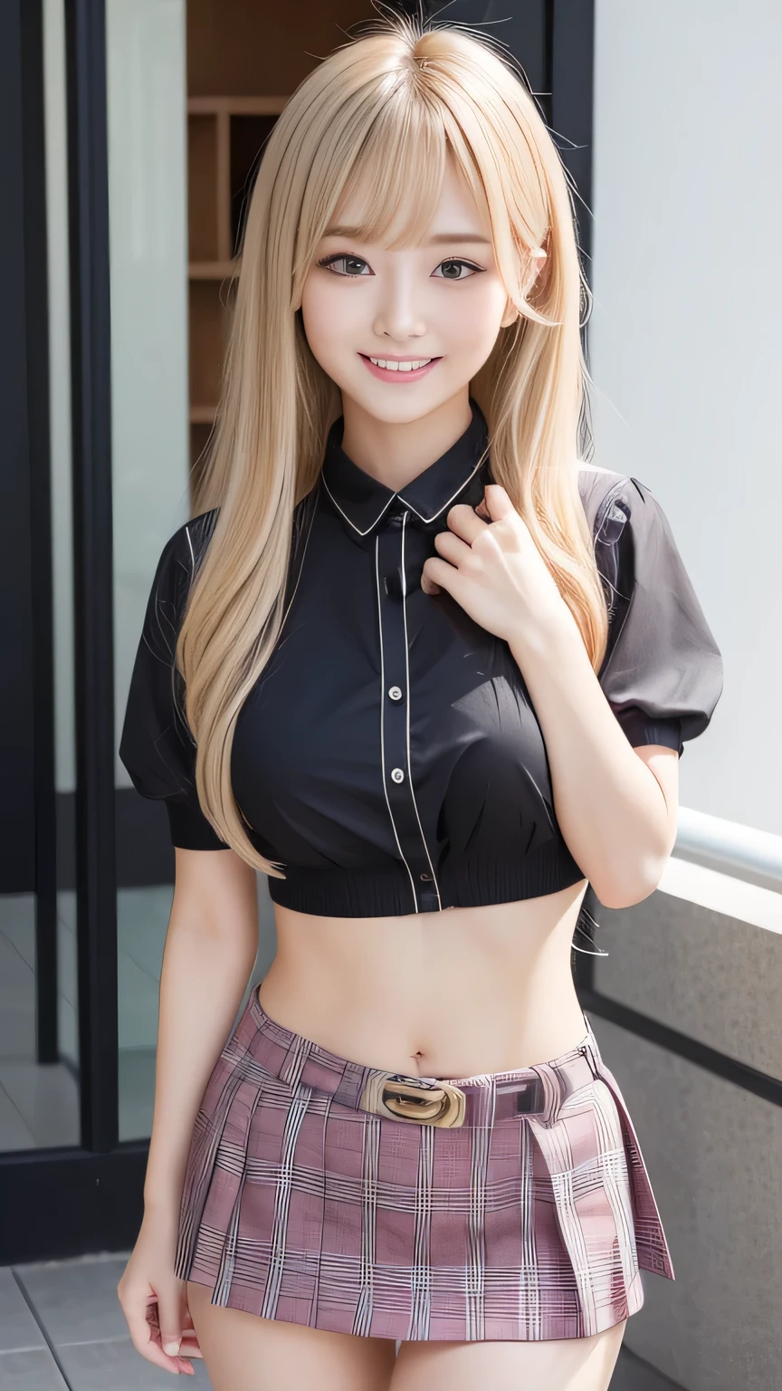 Sexy big ,13 year old beautiful girl looks sexy and cute&Cute beautiful sexy face、A strong wind blows my hair in front of my face,Beautiful super long metallic blonde straight wavy hair、Her long hair hides her beautiful, cute and sexy eyes.。、Belly button shirt、Very short pink and black checkered miniskirt、Turn around and look at me with a smile、Cute eyes hidden by long bangs、yawn、Double teeth、Reduces the appearance of nasolabial folds、