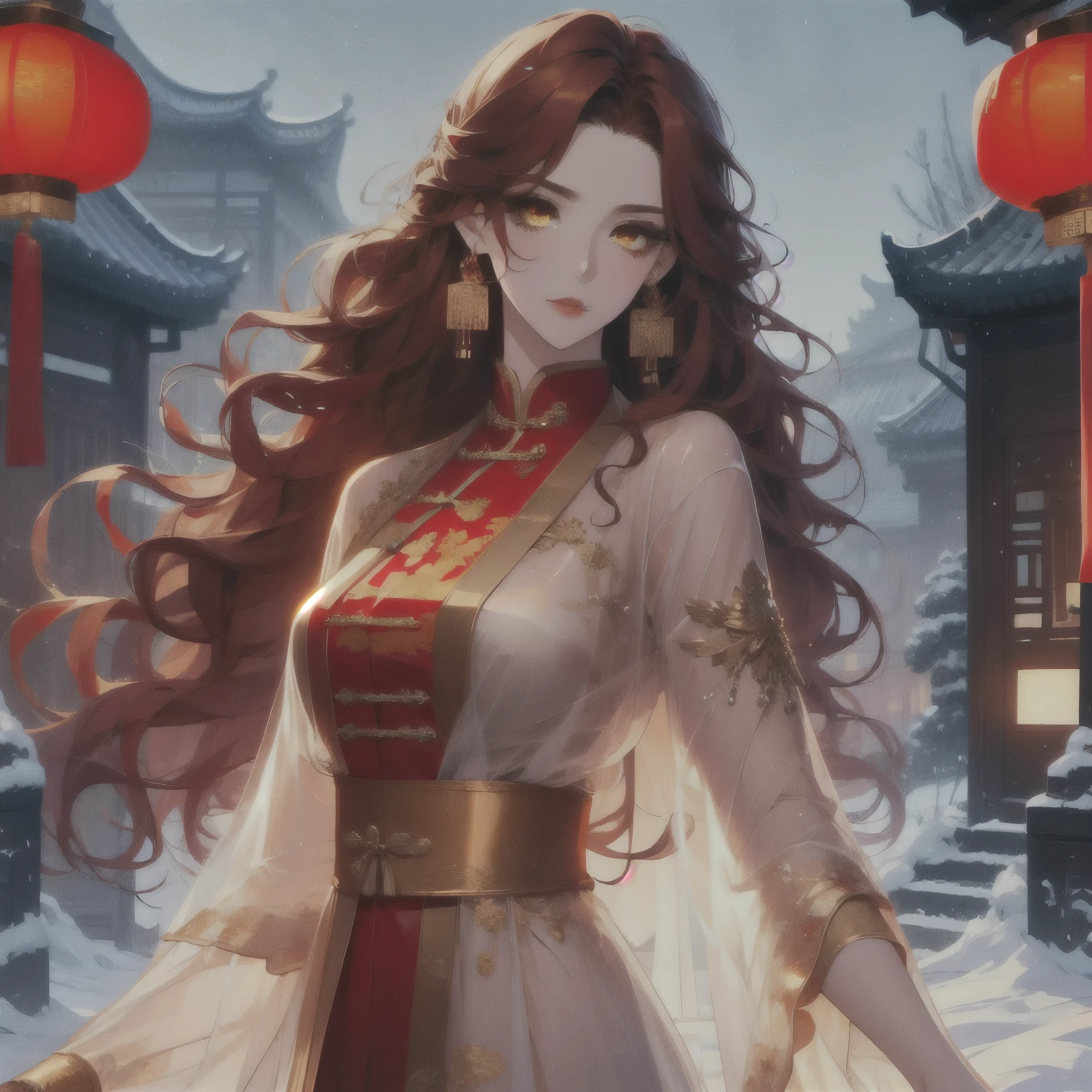 (masterpiece, best quality:1.2), 1women, xian mei, solo, chinese clothes, ultra long skirt, golden eyes, long red curly hair, jewellery, perfect anatomy