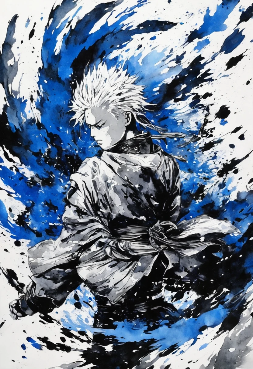 Ink and ink painting,Black and white painting,splash,samurai armor,Jujutsu Kaisen,Itadori Yuuji,Blue Butterfly々,Feather powder,