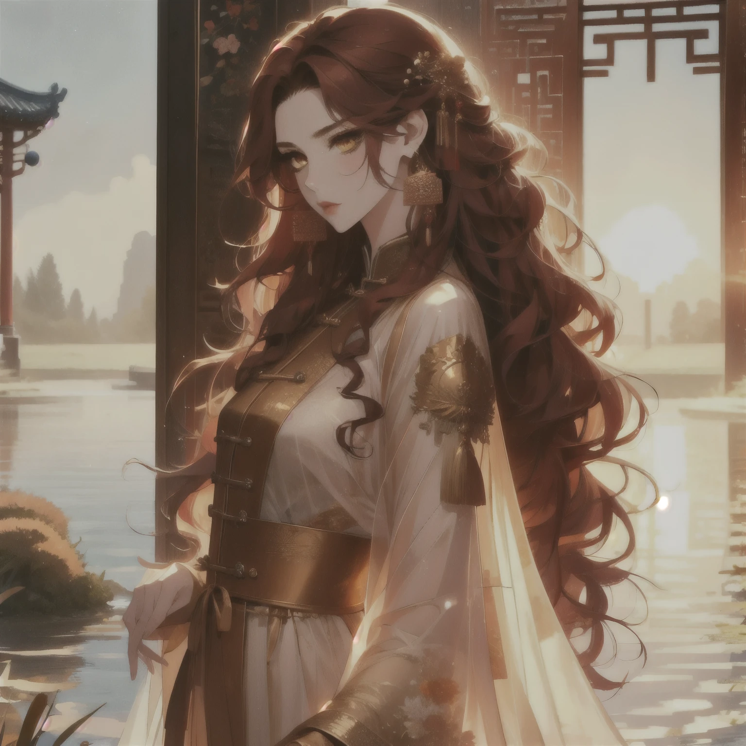 (masterpiece, best quality:1.2), 1women, xian mei, solo, chinese clothes, ultra long skirt, golden eyes, long red curly hair, jewellery, perfect anatomy