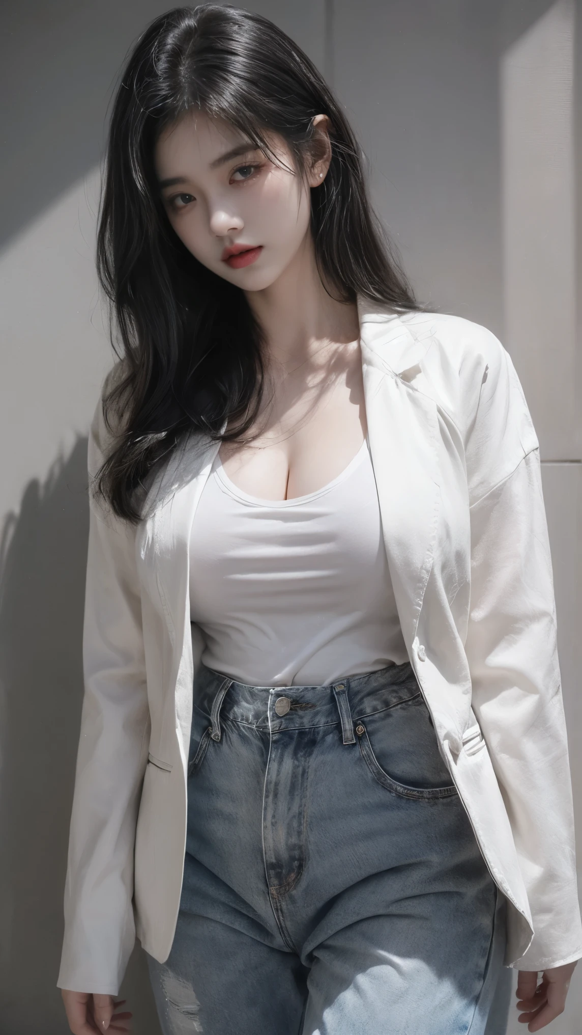 21yo girl,black hair,bob hair,(wearing Blazer oversize),(white shirt), denim pants, natural big breast, plump body,single sidelock hairpin blush modern cinematic lighting,ray tracing,drop shadow wide shot UHD,textured skin,high details,best quality 4K
