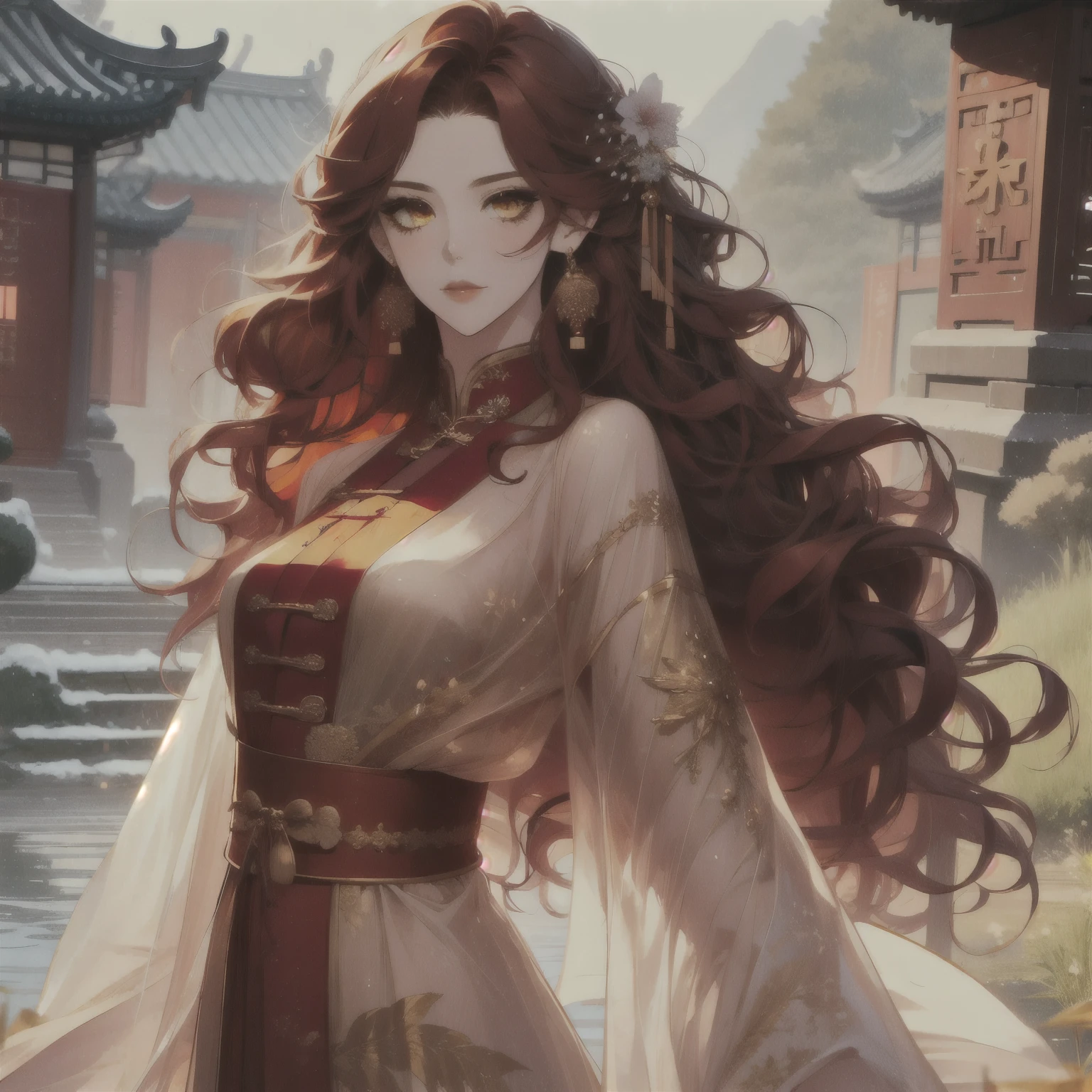 (masterpiece, best quality:1.2), 1women, xian mei, solo, chinese clothes, ultra long skirt, golden eyes, long red curly hair, jewellery, perfect anatomy