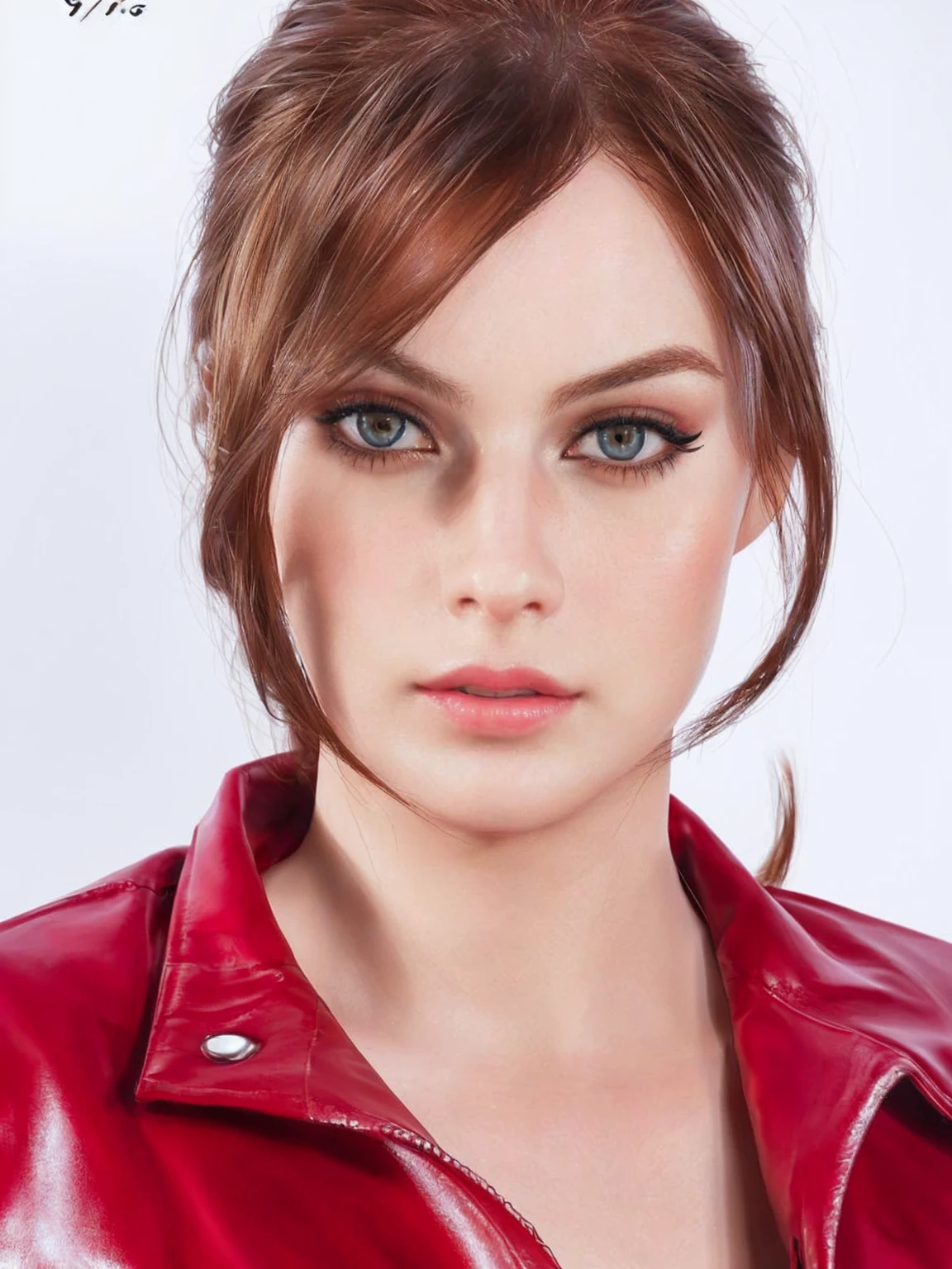 woman with ponytail,Auburn hair, pale,soft body,eyeliner,portrait, beautiful woman, beautiful female ,beautiful classy woman ,eyeliner,wonderful highly detailed masterpiece, elegant, digital painting, smooth, dramatic lighting, ultra realistic, 8k, art , blur backgrond, black background ,black background,black wallpaper,wearing red leather jacket