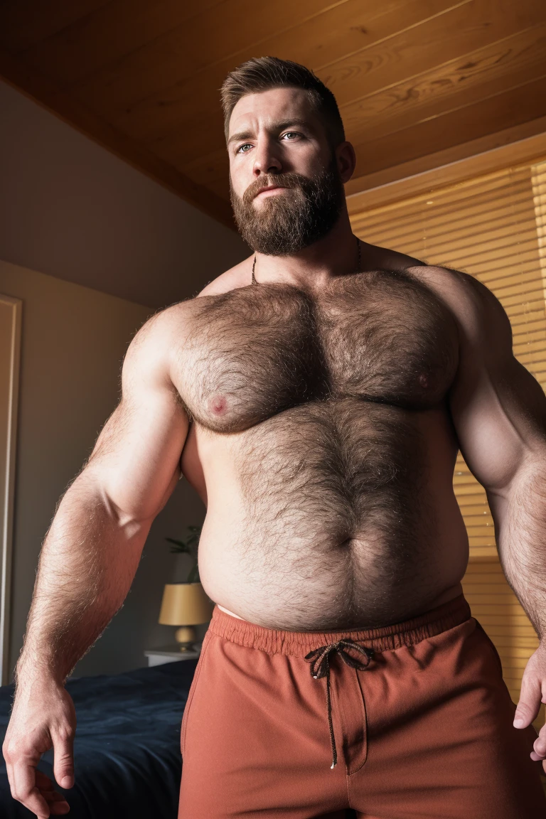 8K HDR Very Realistic Real Very Detailed High Quality 8K HDR Very Realistic 46 year old daddy rugged bodybuilder muscle bears man, 8KHDR very realistic detailed hairy, 8KHDR very realistic beared big daddy muscle bear,  and 8KHDR very realistic detailed rugged burly man in shorts. 8KHDR Very Realistic legs, 8KHDR very realistic hair, 8KHDR very realistic beards, 8KHDR very realistic thick chubby fat neck, 8KHDR very realistic neck lines, 8KHDR very realistic detailed neck, 8KHDR very realistic belly, 8KHDR very realistic burly chest, 8KHDR very realistic detailed hairy burly strong chest and arms, 8KHDR very realistic detailed hairy burly strong chest and arms, 8KHDR very realistic pecs, 8KHDR very realistic burly muscle bear body, 8KHDR very realistic nipples, 8KHDR very realistic burly muscle bear body, 8KHDR very realistic face, 8KHDR very realistic detailed face, 8KHDR very realistic eyes, 8KHDR very realistic detailed eyes, 8KHDR very realistic pupils, 8KHDR very realistic detailed pupils, 8KHDR very realistic head, 8KHDR very realistic waist, 8KHDR very realistic facial features, 8KHDR very realistic burly arms, 8KHDR very realistic elbows, 8KHDR very realistic hands, 8KHDR very realistic pecs, 8KHDR very realistic belly, 8KHDR very realistic human man body, 8K HDR very realistic bellybutton, 8KHDR very realistic wrists, 8KHDR very realistic fingers, 8KHDR very realistic fingernails, 8KHDR very realistic shoulders, 8KHDR very realistic mouth, 8KHDR very realistic lips, 8KHDR very realistic mens clothing, 8KHDR very realistic detailed mens clothing. 8KHDR Very Realistic Hairy Bearded Burly Muscle bear Photoshoot, 8KHDR A very realistic burly muscle bear man in a bedroom,  8KHDR Very Realistic Intricately Detailed, 8KHDR very realistic detailed bedroom surroundings, 8KHDR very realistic surroundings lighting, No Deformities, captured with a 85mm lens, 8K HDR Very Realistic, 8K HDR Clear HDR Quality full with very realistic real details 