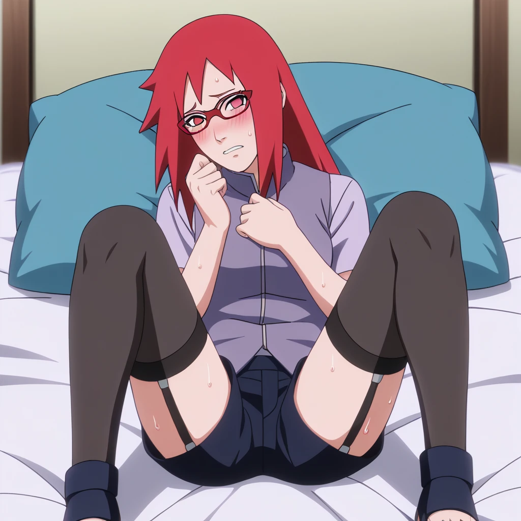 Red hair, 1 Girl, Glasses, Long hair, Red Eyes, Solitary, Long gown, Black over-the-knee stockings, 黑色shorts, Umbilical cord, Looking at the audience,No students, Japanese cartoons screencap, Japanese cartoons coloring,src_Japanese cartoons,Naruto \(series\), Naruto shippuuden,((blush,nervous,Vision,))masterpiece, absurd , (Intricate details), (Colorful), light, Extremely detailed CG unity 8k wallpaper ,1 Girl, solo,(shy,In the hotel,Lying on the bed,night,blush,nervous,Sweating,蕾丝dress, ),sweat,blush,blush1.5,Blush,Medium chest,((dress,Vest,shorts,Black stockings,luxurious hotel,night,)),(dress,Suspenders,shorts,Lying in bed,Uncomfortable expression,Mouth open,spit)