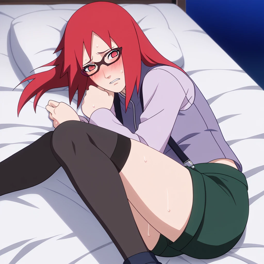 Red hair, 1 Girl, Glasses, Long hair, Red Eyes, Solitary, Long gown, Black over-the-knee stockings, 黑色shorts, Umbilical cord, Looking at the audience,No students, Japanese cartoons screencap, Japanese cartoons coloring,src_Japanese cartoons,Naruto \(series\), Naruto shippuuden,((blush,nervous,Vision,))masterpiece, absurd , (Intricate details), (Colorful), light, Extremely detailed CG unity 8k wallpaper ,1 Girl, solo,(shy,In the hotel,Lying on the bed,night,blush,nervous,Sweating,蕾丝dress, ),sweat,blush,blush1.5,Blush,Medium chest,((dress,Vest,shorts,Black stockings,luxurious hotel,night,)),(dress,Suspenders,shorts,Lying in bed,Uncomfortable expression,Mouth open,spit)