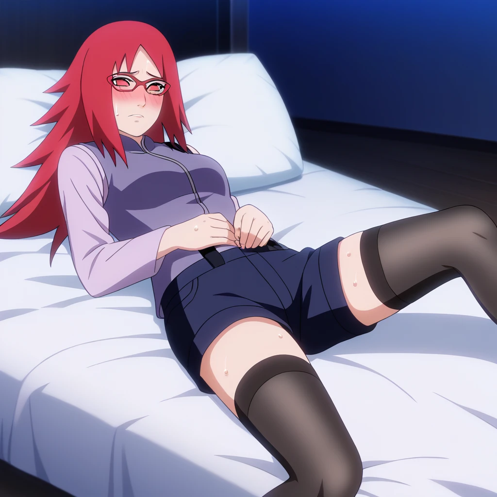 Red hair, 1 Girl, Glasses, Long hair, Red Eyes, Solitary, Long gown, Black over-the-knee stockings, 黑色shorts, Umbilical cord, Looking at the audience,No students, Japanese cartoons screencap, Japanese cartoons coloring,src_Japanese cartoons,Naruto \(series\), Naruto shippuuden,((blush,nervous,Vision,))masterpiece, absurd , (Intricate details), (Colorful), light, Extremely detailed CG unity 8k wallpaper ,1 Girl, solo,(shy,In the hotel,Lying on the bed,night,blush,nervous,Sweating,蕾丝dress, ),sweat,blush,blush1.5,Blush,Medium chest,((dress,Vest,shorts,Black stockings,luxurious hotel,night,)),(dress,Suspenders,shorts,Lying in bed,Uncomfortable expression,Mouth open,spit)