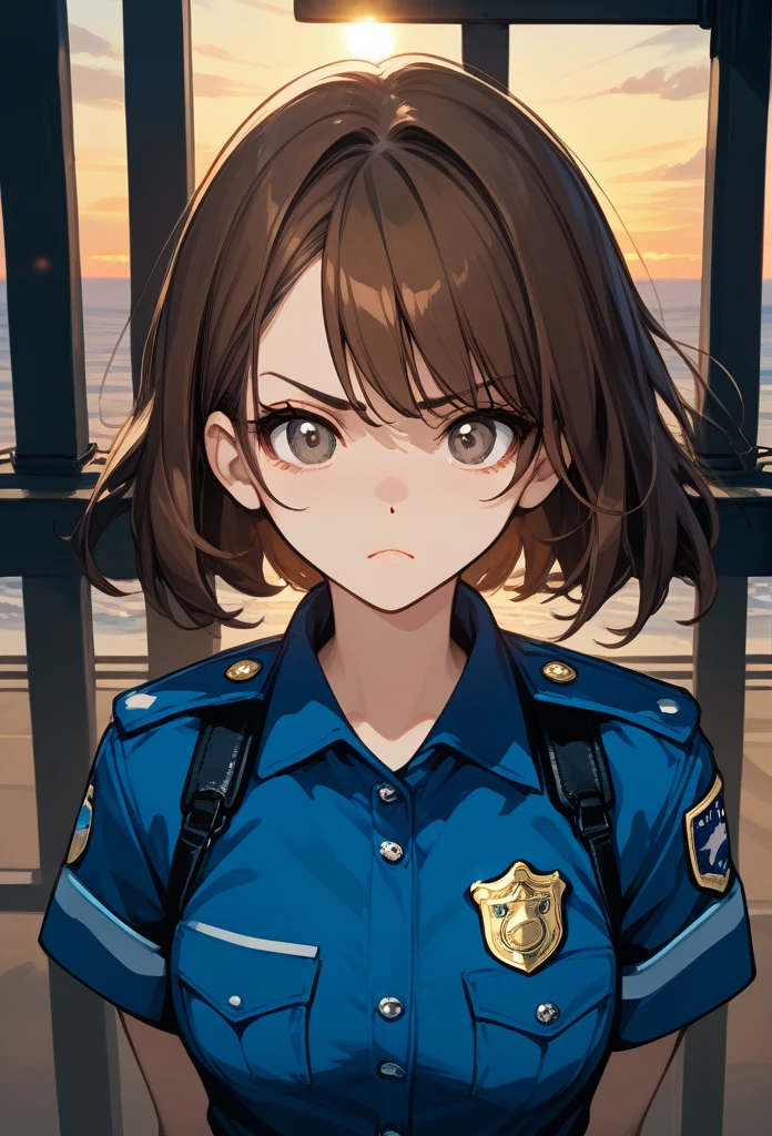 masterpiece, best quality, sunset, cowboy shot, mature woman, bob hairstyle, brunette hair, mature face, hot face, sharp eyes, medium breasts, curvy body, hazel eyes, police outfit, looking at viewer, very close to viewer, face to face, tough appearance, in prison, (looking serious), intimidating face