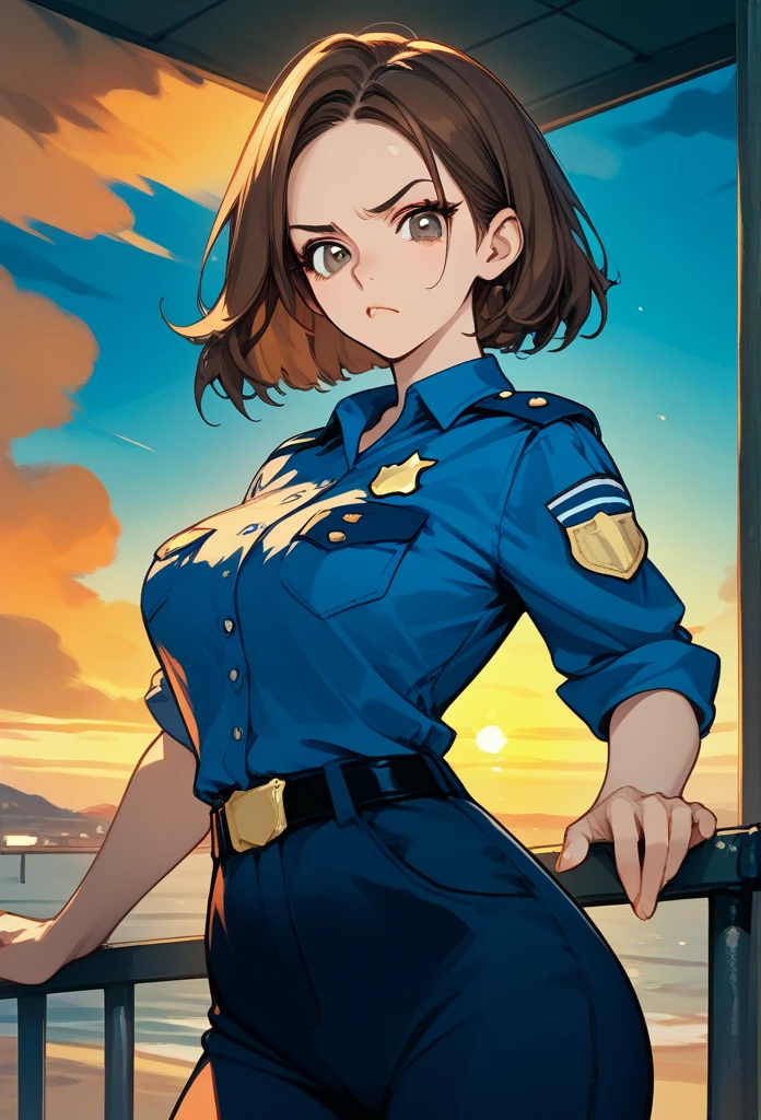 masterpiece, best quality, sunset, cowboy shot, mature woman, bob hairstyle, brunette hair, mature face, hot face, sharp eyes, medium breasts, curvy body, hazel eyes, police outfit, looking at viewer, very close to viewer, face to face, tough appearance, in prison, (looking serious), intimidating face