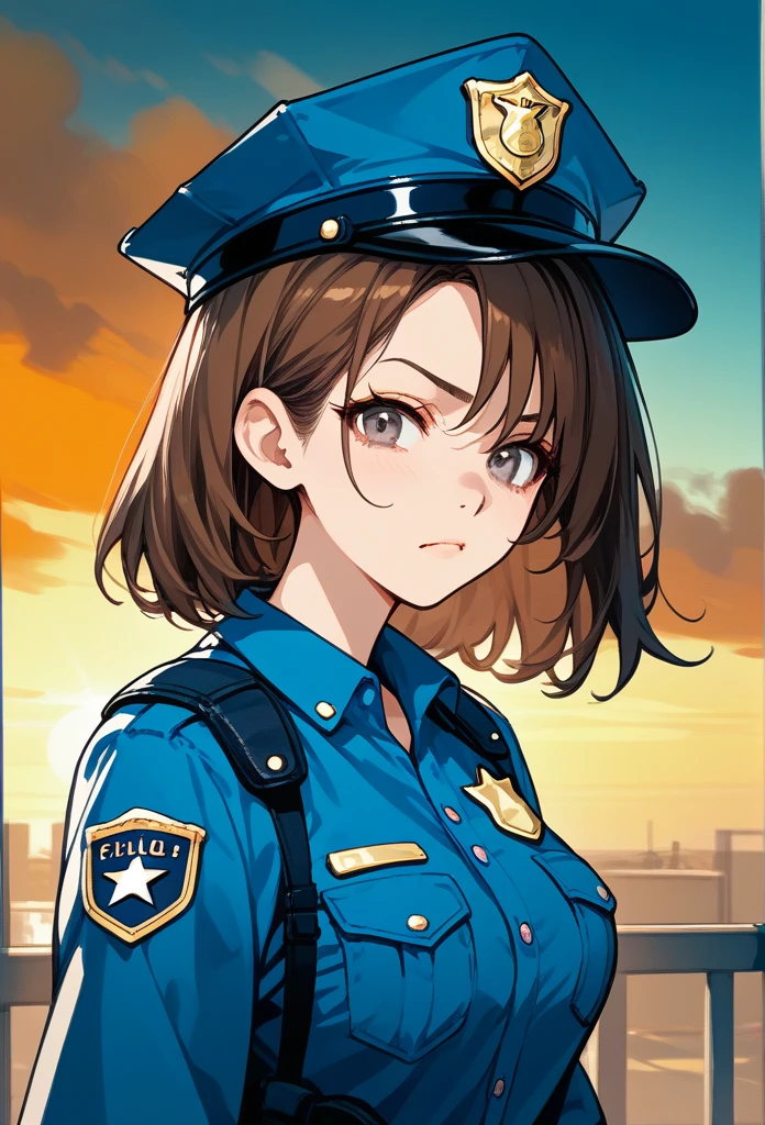 masterpiece, best quality, sunset, cowboy shot, mature woman, bob hairstyle, brunette hair, mature face, hot face, sharp eyes, medium breasts, curvy body, hazel eyes, police outfit, looking at viewer, very close to viewer, face to face, tough appearance, in prison, (looking serious), intimidating face