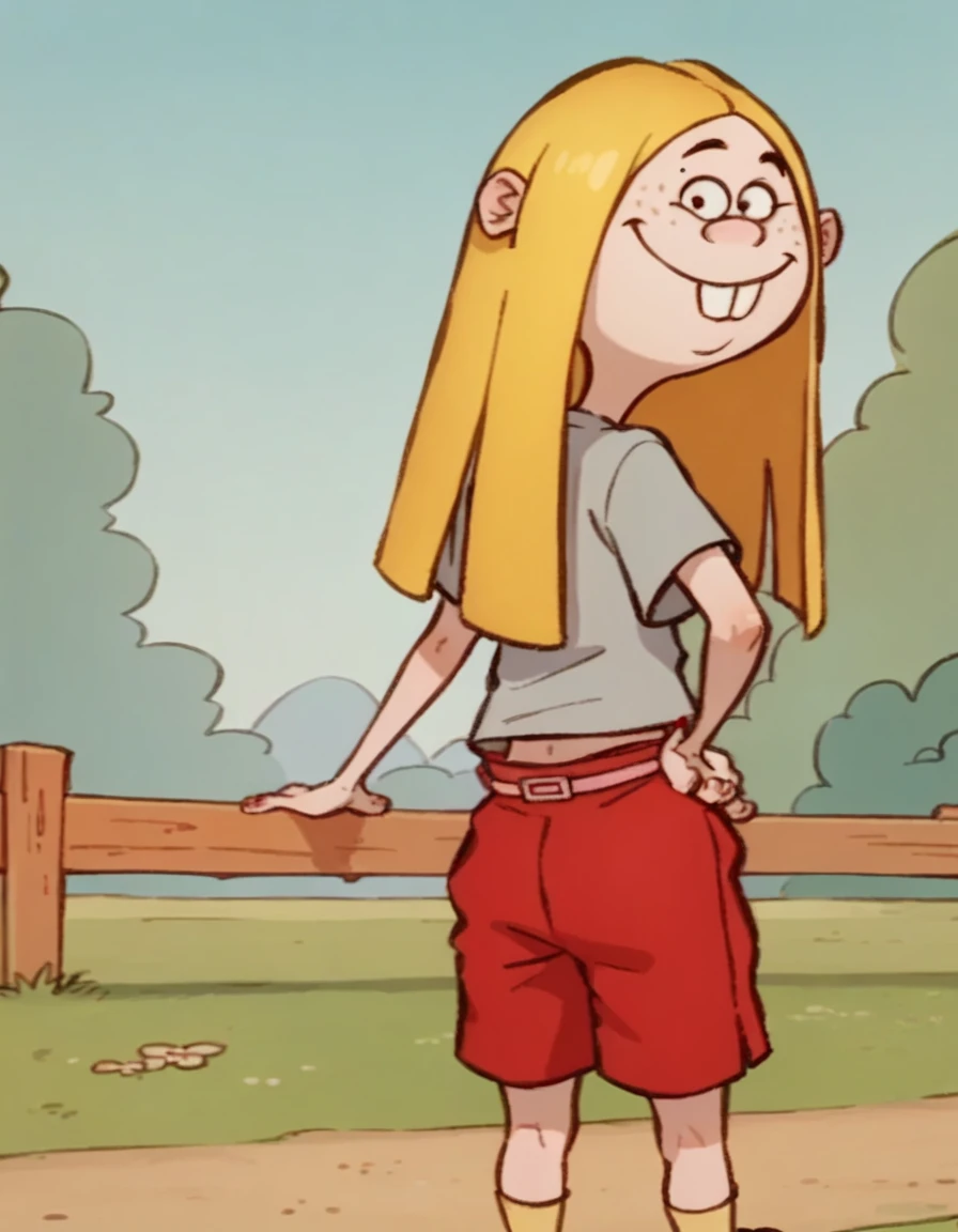 maykanker, buck teeth, 1girl, blonde hair, long hair, solo, freckles, grey t-shirt, red shorts, smile, pink belt,looking at viewer, outdoors, hand on own hip, back view