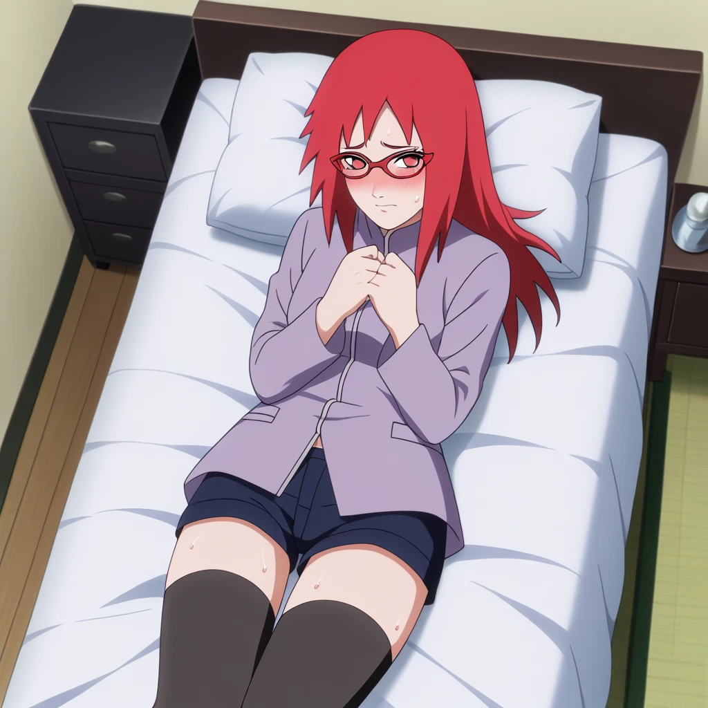 Red hair, 1 Girl, Glasses, Long hair, Red Eyes, Solitary, Long gown, Black over-the-knee stockings, 黑色shorts, Umbilical cord, Looking at the audience，No students, Japanese cartoons screencap, Japanese cartoons coloring,src_Japanese cartoons,Naruto \(series\), Naruto shippuuden,（（blush，nervous，Vision，））masterpiece， absurd ， （Intricate details）， （Colorful）， light， Extremely detailed CG unity 8k wallpaper ，1 Girl， solo，（shy，In the hotel，Lying on the bed，night，blush，nervous，Sweating，蕾丝dress， ），sweat，blush，blush1.5，Blush，Medium chest，（（dress，Vest，shorts，Black stockings，luxurious hotel，night，）），（dress，Suspenders，shorts，Lying in bed，Uncomfortable expression，）