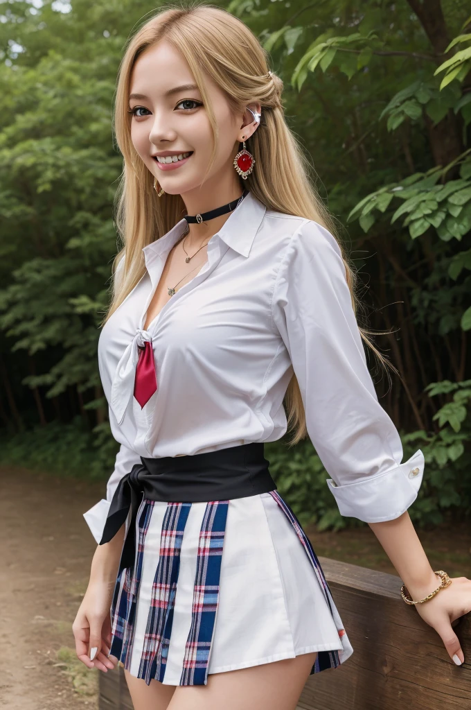 masterpiece, best quality, highres, kitagawa marin, 1girl, blonde hair, long hair, multicolored hair, red eyes, jewelry, earrings, piercing, , white shirt, tied shirt, black choker, blue necktie, plaid skirt, grin, smile, standing, cowboy shot, outdoors,