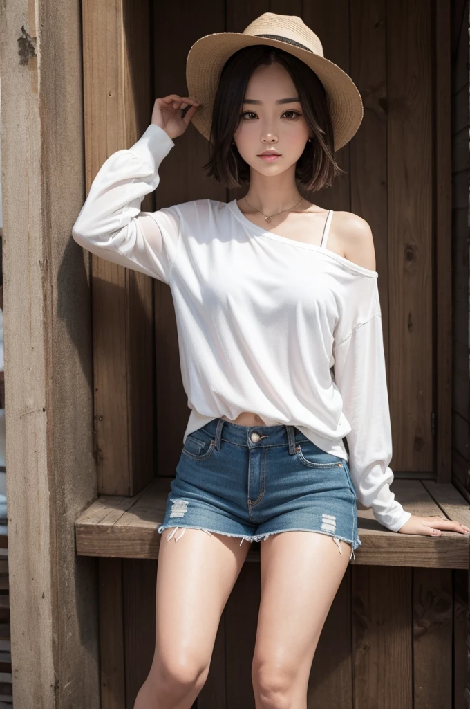 Stockings, denim hotpants and off-the-shoulder top