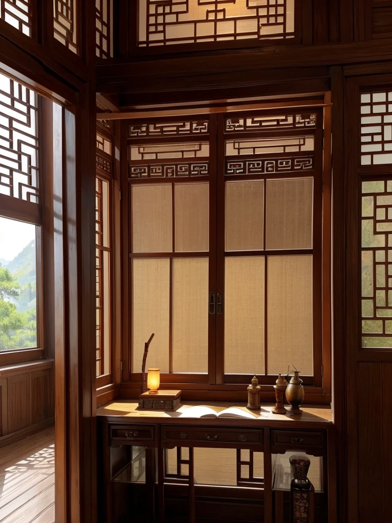 With the antique Chinese study room as the background,There is a desk、Ancient Books、Pen, ink and paper,Agarwood incense sticks rise in the incense burner,Create an atmosphere with profound cultural heritage。
Use traditional Chinese window lattice elements as decorative frames,Increase the layering and classical charm of the picture。