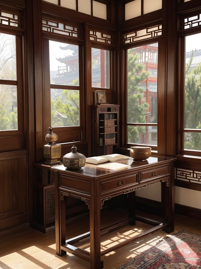 With the antique Chinese study room as the background,There is a desk、Ancient Books、Pen, ink and paper,Agarwood incense sticks rise in the incense burner,Create an atmosphere with profound cultural heritage。
Use traditional Chinese window lattice elements as decorative frames,Increase the layering and classical charm of the picture。