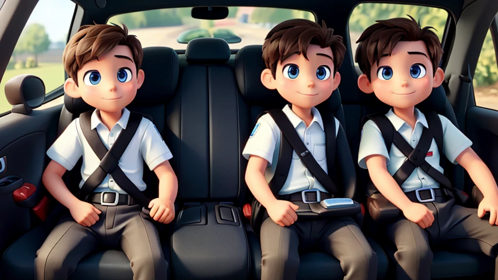 Make a car where there are two boys in it, one with a seat belt and the other without a seat belt.