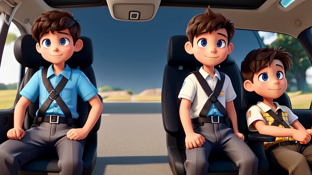 Make a car where there are two boys in it, one with a seat belt and the other without a seat belt.