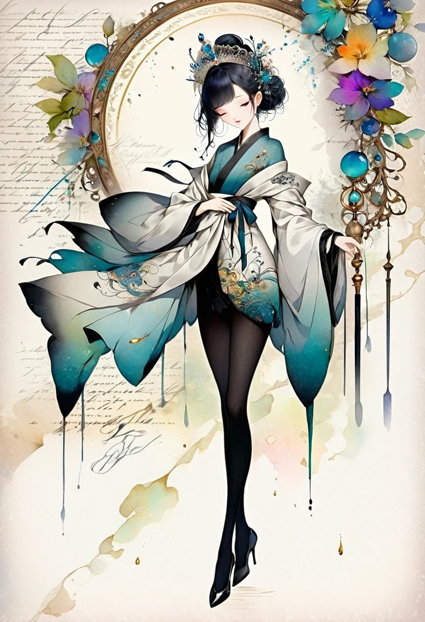 A Beautiful empress, porcelain white, black hair, wearing a traditional ornate robe, Harrison Fisher and Catrin Welz-Stein, pen and ink lines, calligraphic lines, vivid colours, highly detailed, ((Full body picture))