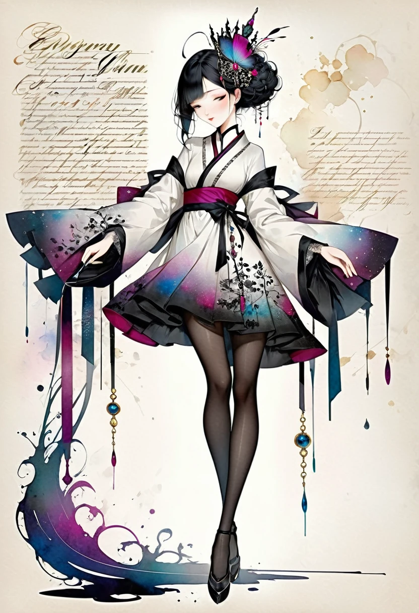 A Beautiful empress, porcelain white, black hair, wearing a traditional ornate robe, Harrison Fisher and Catrin Welz-Stein, pen and ink lines, calligraphic lines, vivid colours, highly detailed, ((Full body picture))