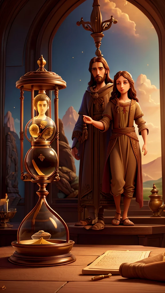 a beautiful detailed painting of God and  Jesus with an hourglass, exquisite and intricate details, dramatic lighting, highly realistic and photorealistic, cinematic composition, warm color palette, renaissance art style