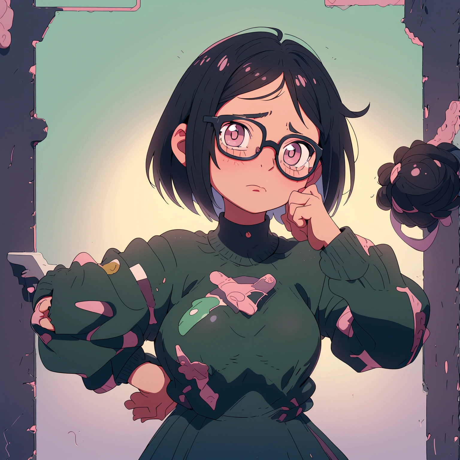 A bob-cut wearing glasses without underwear, rubbing her breasts with both hands, large breasts, looking up, black hair, winking, inside school, pastel colors, sad