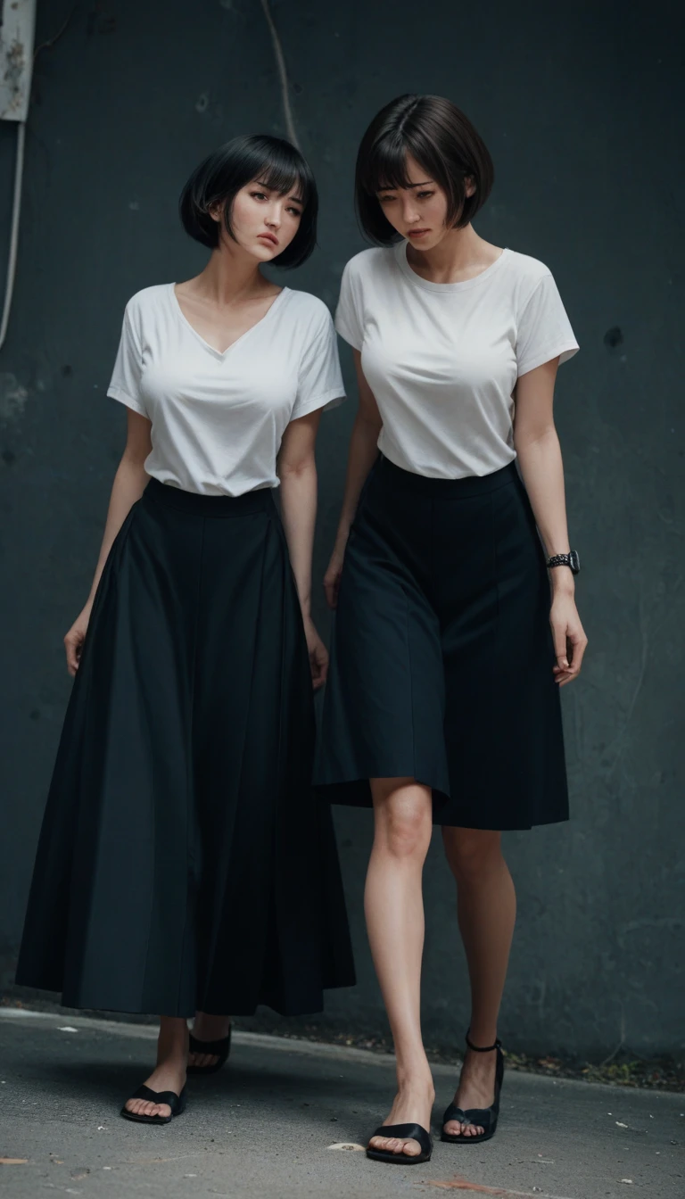 score_9, score_8_superior, score_7_superior, break, Leg Bend, cute, Round face, Long black short cut、Alternative vibe, 55 years old, Japanese women, Subtle cleavage, shirt, Long skirt, Dynamic Angle, Film Grain,