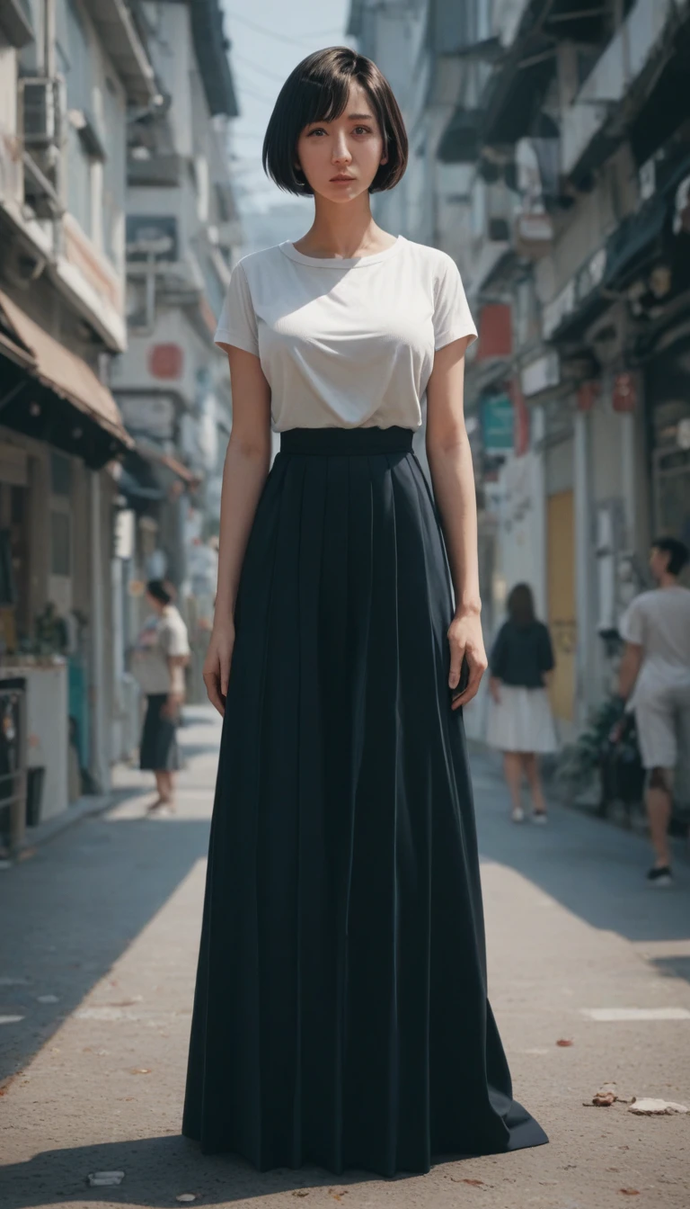 score_9, score_8_superior, score_7_superior, break, Leg Bend, cute, Round face, Long black short cut、Alternative vibe, 55 years old, Japanese women, Subtle cleavage, shirt, Long skirt, Dynamic Angle, Film Grain,