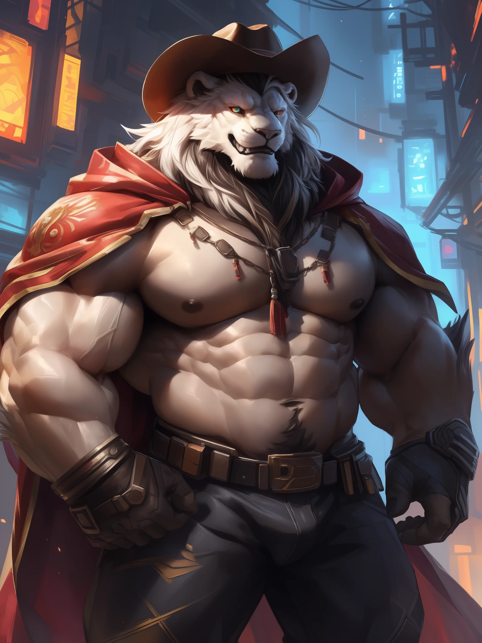 lindong, lucusold, lanxus, a man with a huge muscle, furry ((white lion)), cyberpunk era, cowboy hat, ((huge muscular:1.2, wide pectoral, thick arms, sixpack)), smile, thicc, lowres, giant and muscular, danbooru and artstation, heavy detailed, insanely inflated hips, pants, cloak, proportionally arms, fluffy chest, commission for high res, detailed but rough, semirealistic:1.3