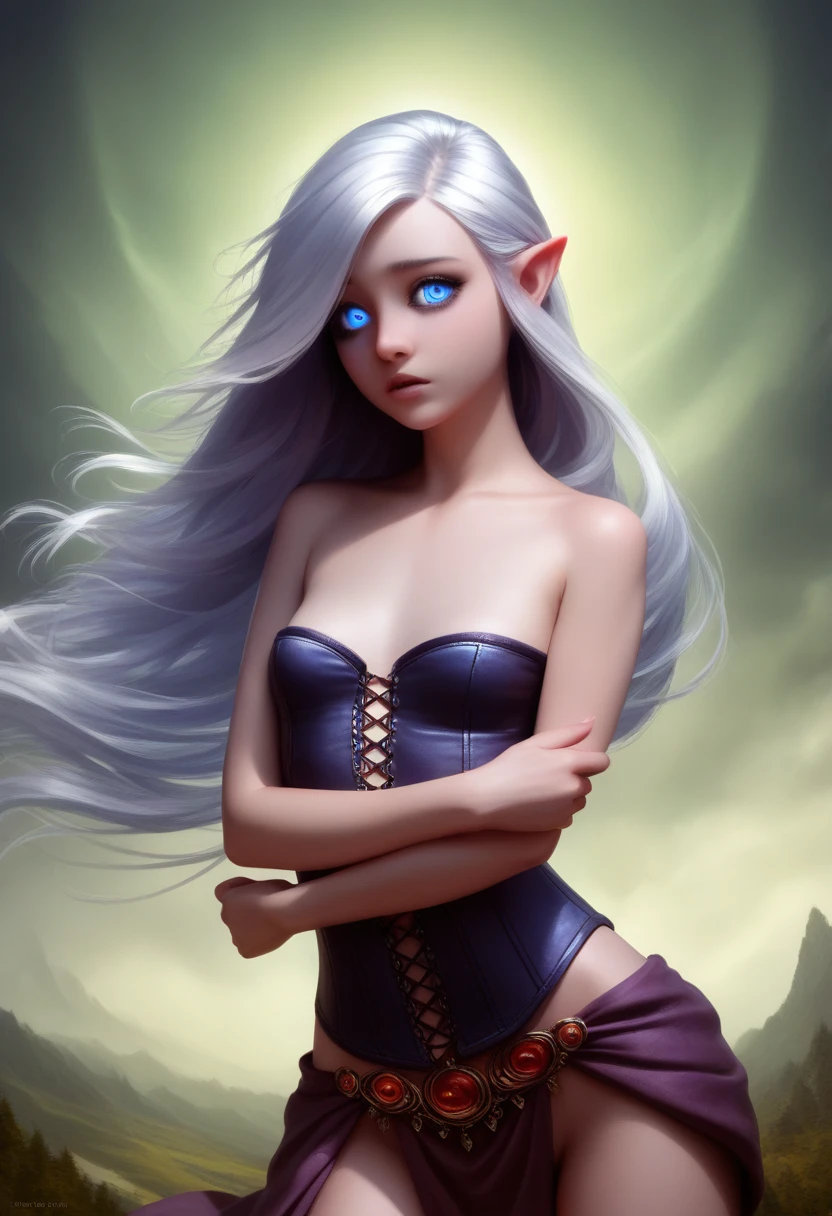 Girl, halfling girl, halfling, pale skin, short, short stature, very long hair, silver hair, straight hair that curls at the end, small breasts, pouty lips, masterpiece, best quality, dynamic pose, 8k, hair covering one eye, anime eyes, bright eyes, detailed eyes, big round eyes, blue eyes, realistic eyes, wind, windy, short shorts, eyeliner, shy personality, detailed outfit, cold outside,wearing lots of belts, wind magic, sfw, dungeons and dragons, fantasy, adventurer, adventurer outfit