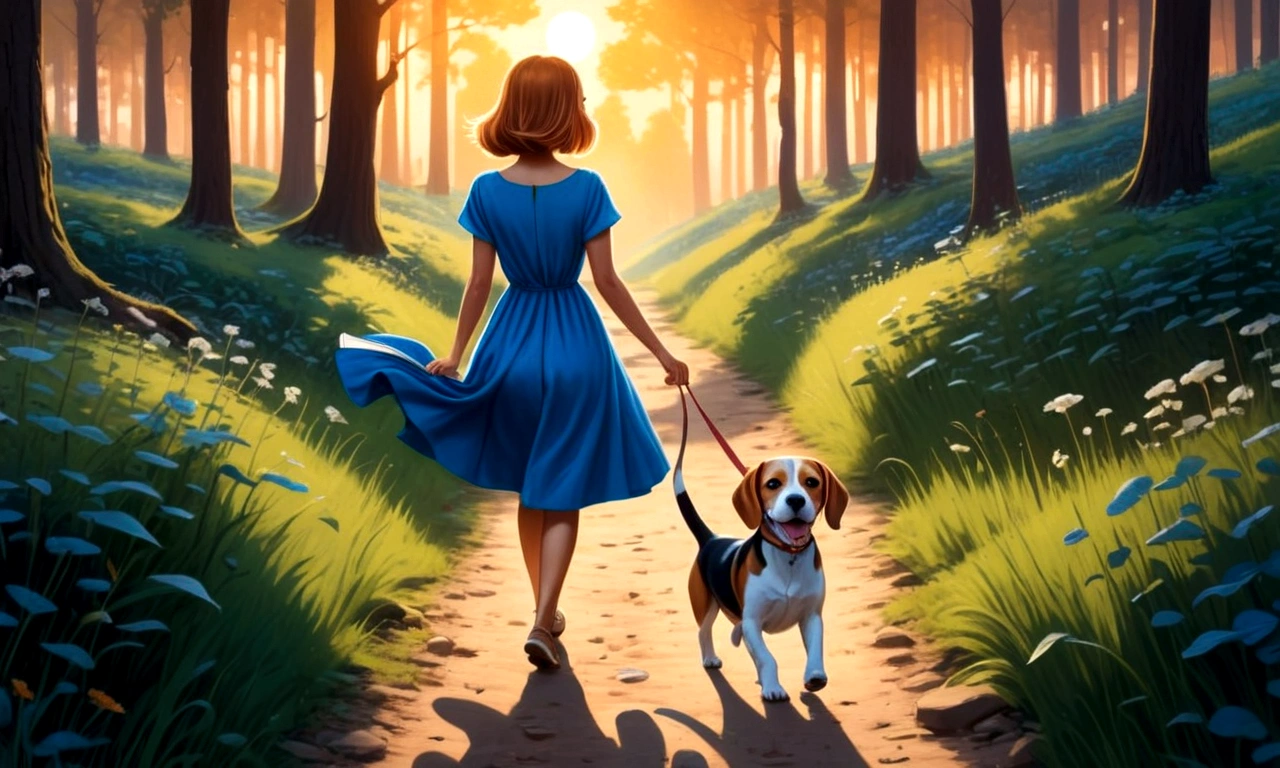 Draw her in a blue dress with a book in her hands. With his friend a beagle walking back along a forest trail at sunset, both smiling.