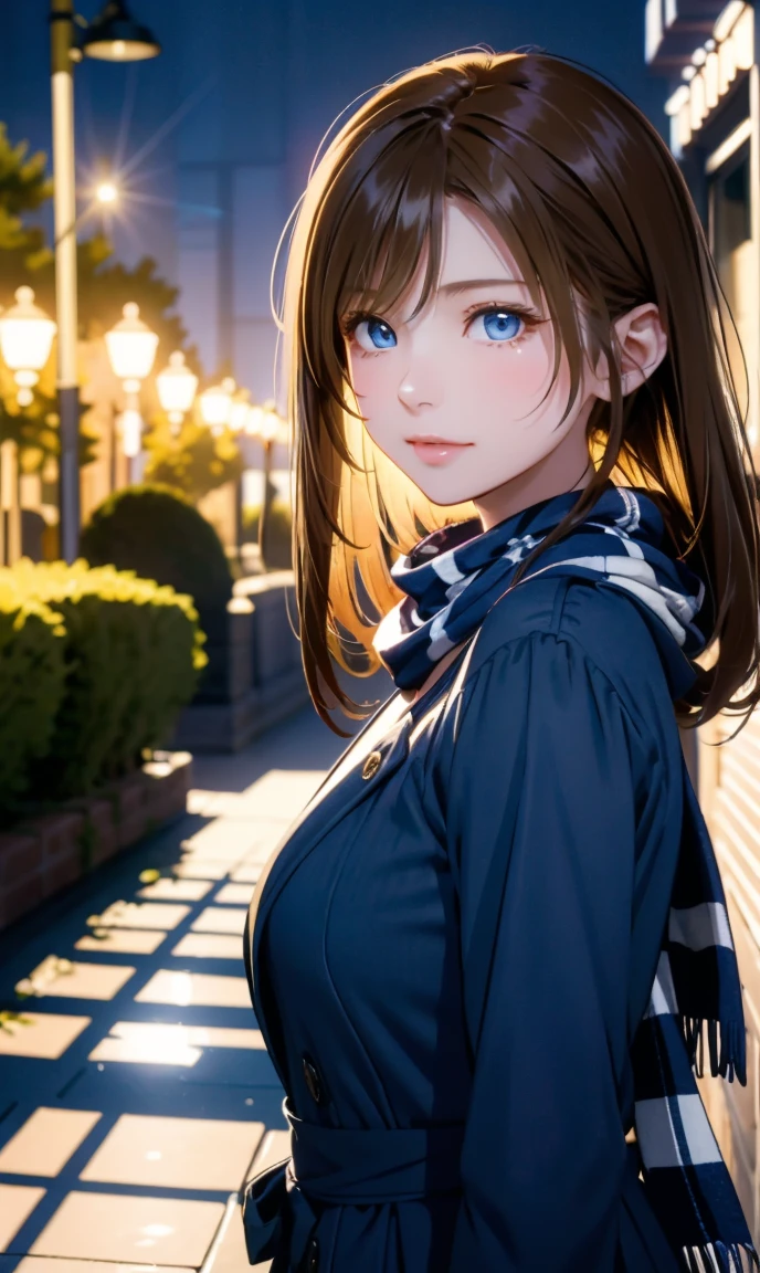 (masterpiece),(Highest quality:1.2),One Girl,(Masseter muscle area:1.3),Exquisite detail, Highest qualityの8K解像度, Super detailed, Realistic, Vibrant colors, Soft tones, Warm and gentle lighting,(Beautiful checked scarf:1.3)(Brown long coat:1.2) evening,Big Sunset,(Smooth and straight blonde hair:1.2),(Hair parted in the middle:1.3),(Shiny Hair),(Dark blue eyes:1.3),White skin, Barrette,watch,Overflowing with soft and gentle feelings,(The promenade is full of flowers),Light of the sun,Warm golden glow,Happiness and laughter,超高精細な描写とVibrant colorsにこだわる. A style that combines romanticism and realism、Depth of Love,Color Palette,The lighting is soft and diffuse, Put a gentle light on your face,この作品はmasterpieceだ,
