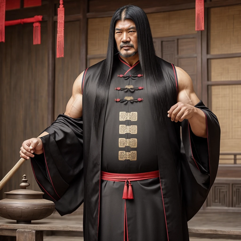 Long black hair, ancient Chinese clothing, middle-aged man, muscular, big man