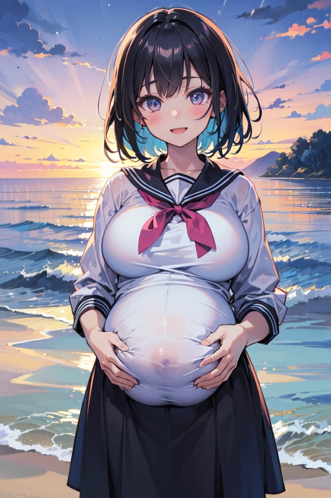 (best quality,highres,masterpiece:1.2),beautiful detailed eyes,beautiful detailed smile,school swimsuit,blue Japanese school swimsuit,wet,beach,Ochako Uraraka,alone girl, pregnant, pregnancy, pregnant belly, Peace_sign. 