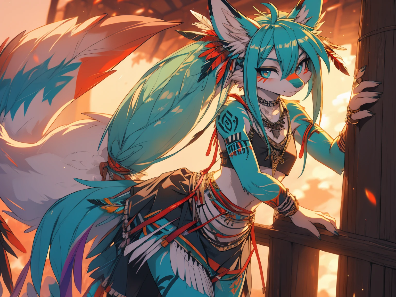Miku Hatsune, add high definition_detail:1, blue fur,kitsune ears, tribal tattoo add_detail:1, sensual pose against the wall add_details:1, tribal feather necklace, rainbow feather skirt, tribal feather ornaments for the body high definition, tribal feather bralette