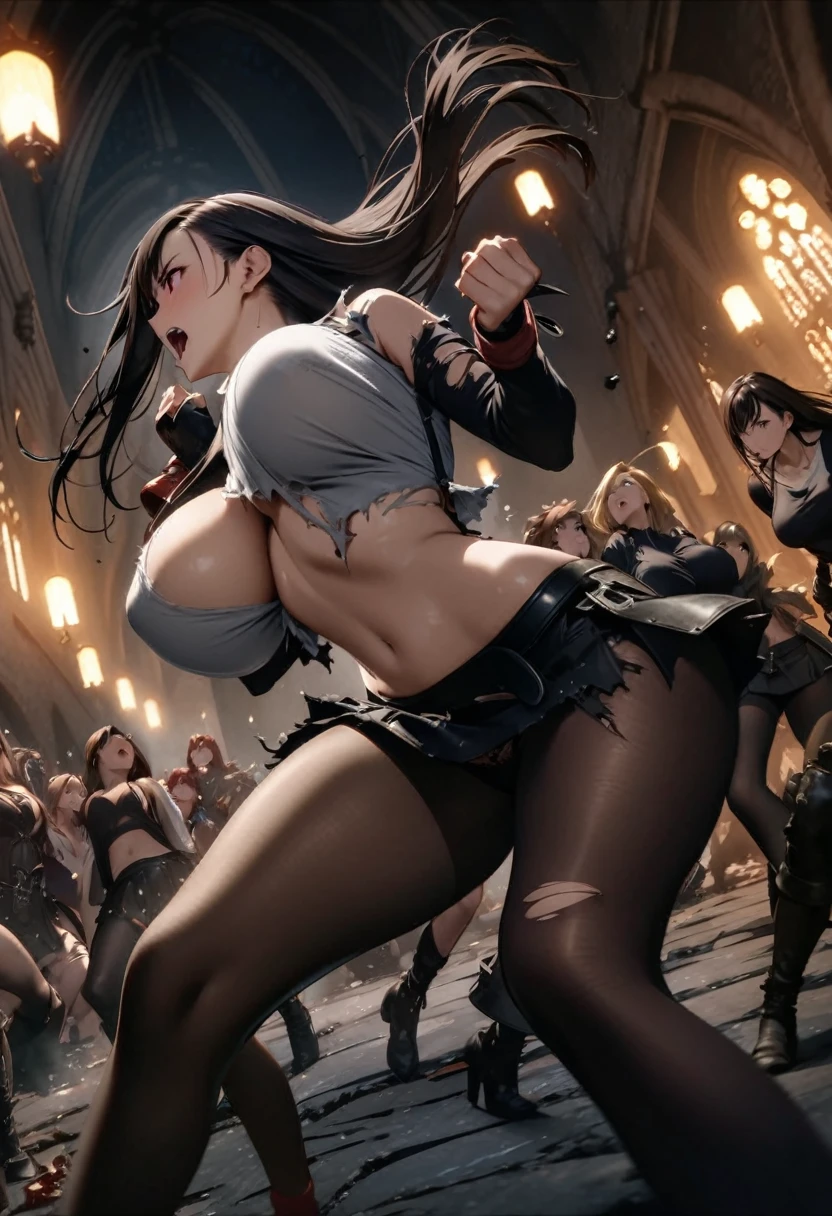 masterpiece, 最high quality, High resolution, Final Fantasy 7、Tifa Lockhart、Black torn clothes 、Black ripped pantyhose、Dark church at night、sexy、Wearing a mini skirt、Thin legs、Big Breasts、Slim figure、high quality CG Tone、Torn black panties、Defeat scene、Losing to a woman、Fighting、Collapse and suffer、Surrounded by women