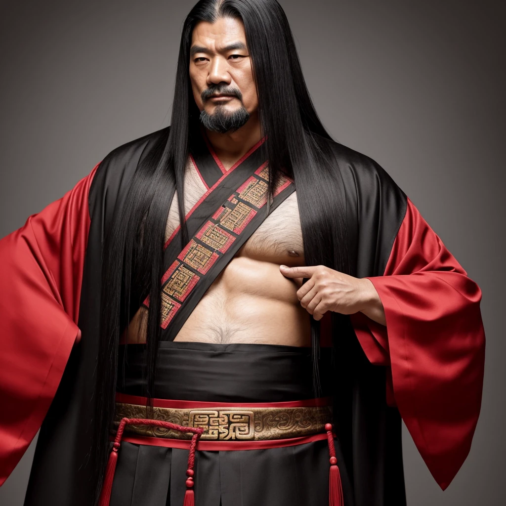 Long black hair, ancient Chinese clothing, middle-aged man, muscular, big man