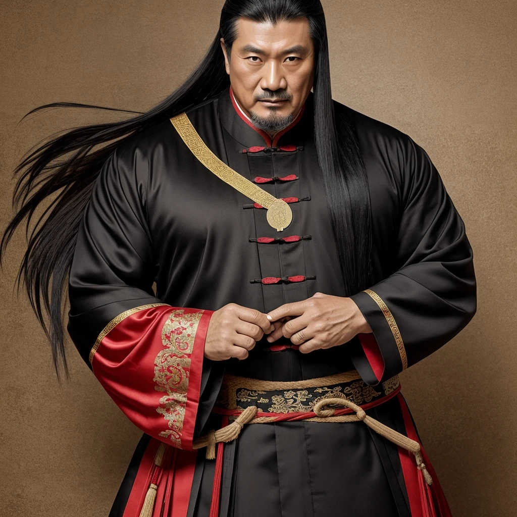Long black hair, ancient Chinese clothing, middle-aged man, muscular, big man