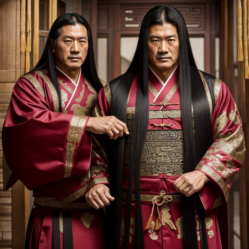 Long black hair, ancient Chinese clothing, middle-aged man, muscular, big man