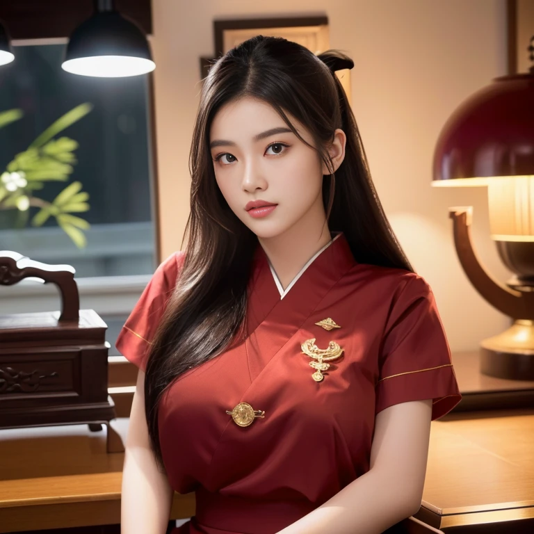Araffe woman, beautiful,ponytail, long hairลอยปลิวขึ้น,black eyes, ผู้หญิงlong hairชาวเอเชียตะวันออกเฉียงใต้ที่มีใบหน้ากลม, Large chest measures 38 inches., Warm light, morning sun, long hair,black eyes,abdominal muscles, The body is beautiful and strong., rounded chest, (digital painting, HDR, high contrast), 3-D, 8K, 45,000,000 pixcls,Asian girl, Gorgeous Chinese model, Japanese model, beautiful asian woman, Japanese goddess, Very beautiful girl., beautiful young woman, very beautiful woman, Attractive and beautiful, sexy girl, Asian girl, beautiful female model, jaw-dropping beauty, ใบหน้าและร่างกายที่น่าดึงดูดarafed woman in a red uniform posing for a picture, red uniform, Wearing a red captain's uniform, young woman wearing uniform, Wearing a headmaster's uniform, JK uniform, Rin Tohsaka, wear restaurant uniform rr, wear red dress, red shirt, Wear a red formal dress, pilot suit, red dominating, cool red shirt, wearing red shirt