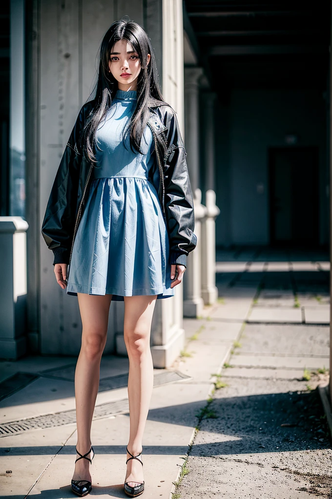 20-year-old woman with blue designer dress, Black-haired, high contrast (Natural skin texture, Hyperrealism, Soft Ligh, sharp), high resolution, full body portrait, standing pose