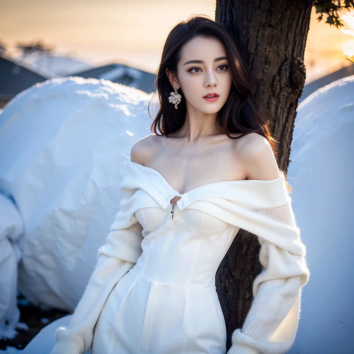 ((top quality、8k、​Masterpiece:1.3))、Extremely delicate and beautiful girl，full-body shot，huge breasts，bigger breasts，amazing breast size，G cup。Wear big earrings，Very white skin，moist red lips，Waist is very thin，Thighs are very thin，big butt，fair and smooth skin，Smooth and fair skin，flawless skin，Fair and shiny skin，cold white skin，The camera focuses on the chest，Bright light，Loose white sweater，Lower body exposed，bare shoulders，white hair，hair is white，Snow covers the ground，snow mountain，sunset，There is a tree full of white flowers on the upper right
