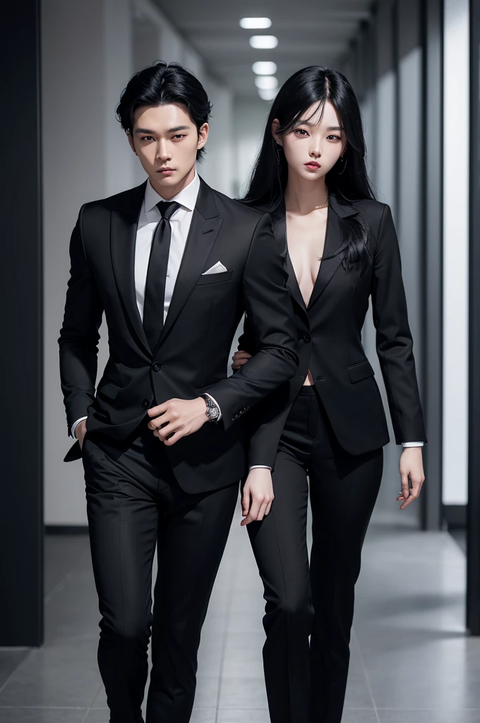 A man with black Korean style hair, eyes darker than darkness itself, pale skin, 1,78cm, wear a tight suit, black blouse, tailoring pants