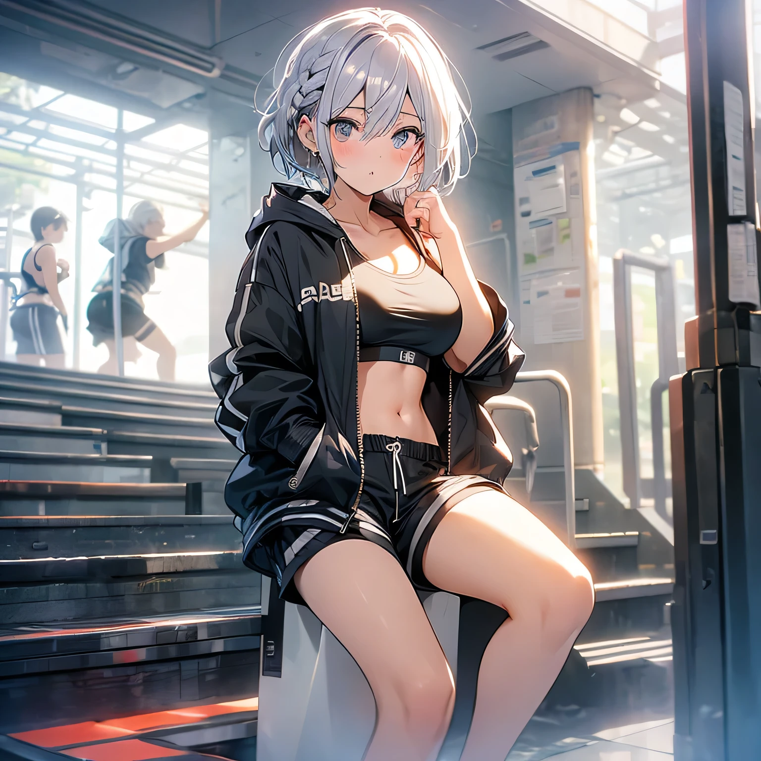 woman、Silver Hair、Braid、Short Hair、Black Eye、Big Breasts、Black Sports Bra、Shorts、hoodie、Shoulder、Leg spread、Crouch down、Station platform、Embarrassed