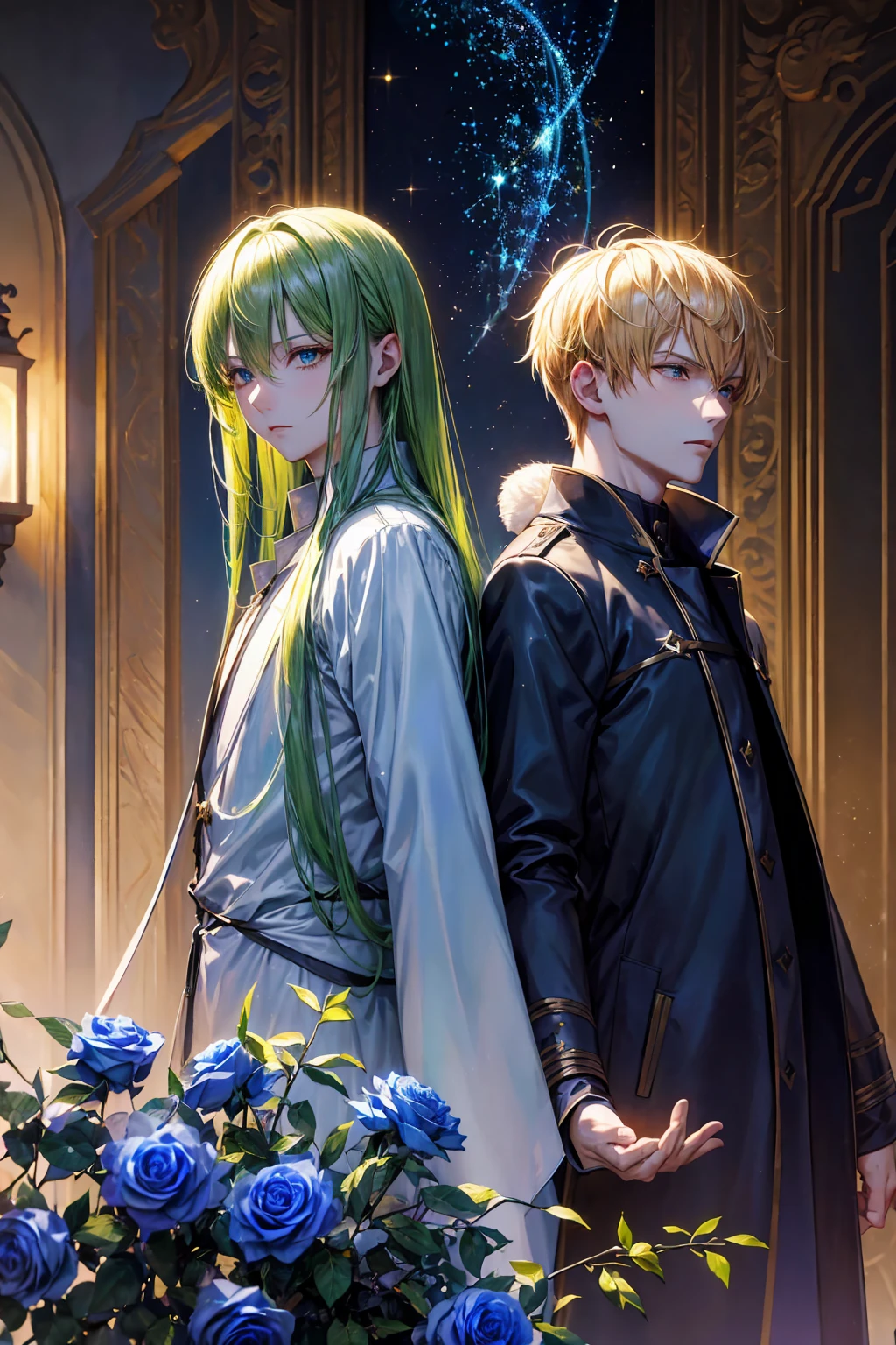 (absurdres, highres, ultra detailed, HDR) master piece, best quality, extremely detailed face, Gilgamesh, blonde hair, expressive red eyes, Fate Grand Order, Enkidu, green hair, expressive blue eyes, two sexy men together, yaoi, gay couple, handsome, black coat, blue coat with fur, magical fantasy, glittering, sparkling, blue roses, radiant, blue sparkling fireflies, blue fire, envy magical, city, snowflakes, ice