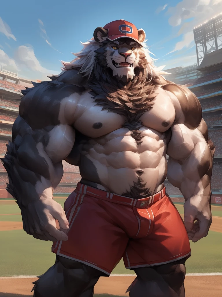 lindong, lucusold, lanxus, a man with a huge muscle, furry ((white lion)) playing baseball, baseball hat, baseball fields, ((huge muscular:1.2, wide pectoral, thick arms, sixpack)), smile, thicc, lowres, giant and muscular, danbooru and artstation, heavy detailed, insanely inflated hips, proportionally arms, fluffy chest, commission for high res, detailed but rough, semirealistic:1.3