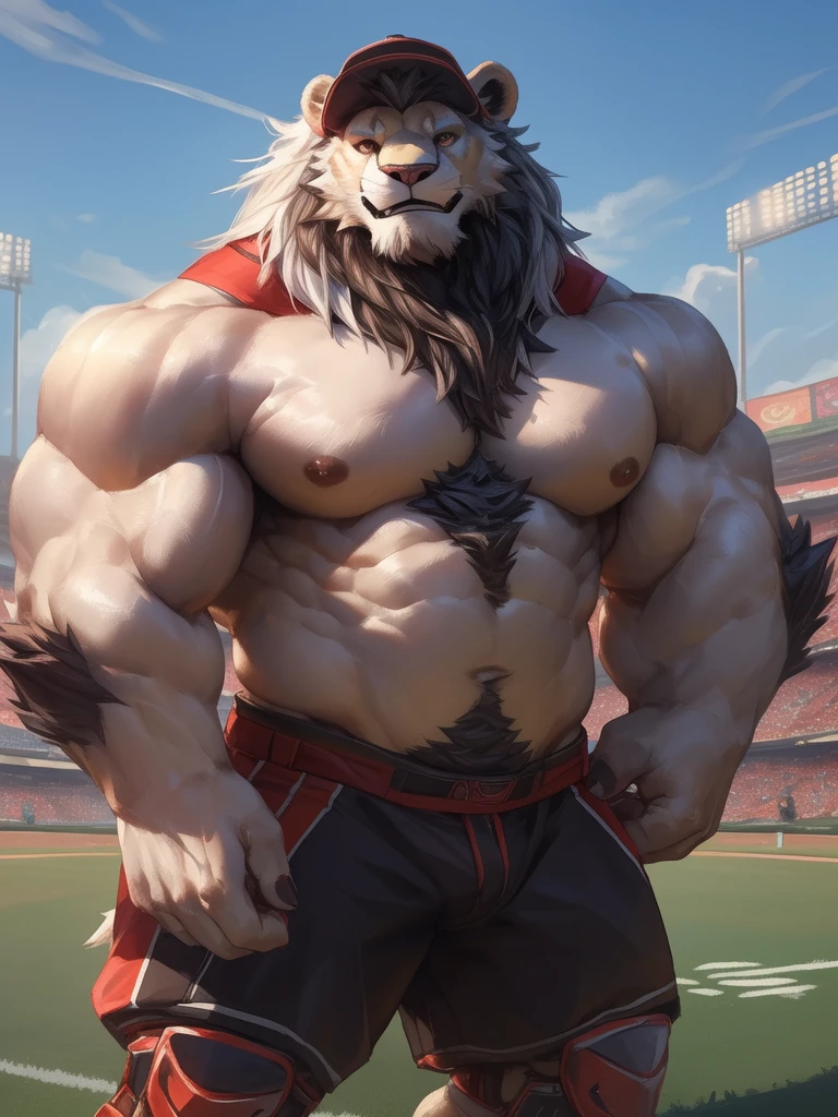 lindong, lucusold, lanxus, a man with a huge muscle, furry ((white lion)) playing baseball, baseball hat, baseball fields, ((huge muscular:1.2, wide pectoral, thick arms, sixpack)), smile, thicc, lowres, giant and muscular, danbooru and artstation, heavy detailed, insanely inflated hips, proportionally arms, fluffy chest, commission for high res, detailed but rough, semirealistic:1.3